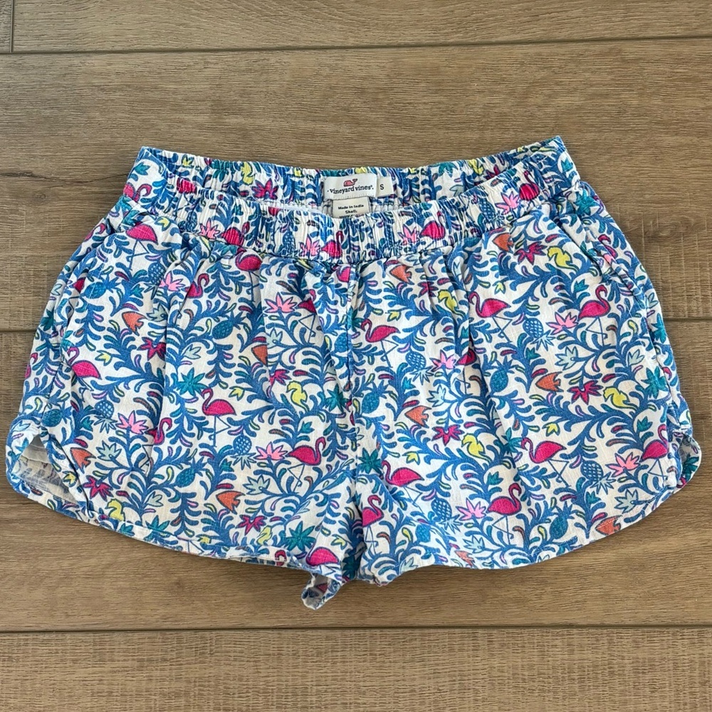 Vineyard Vines Blue and Pink Flamingo Floral Girls Shorts